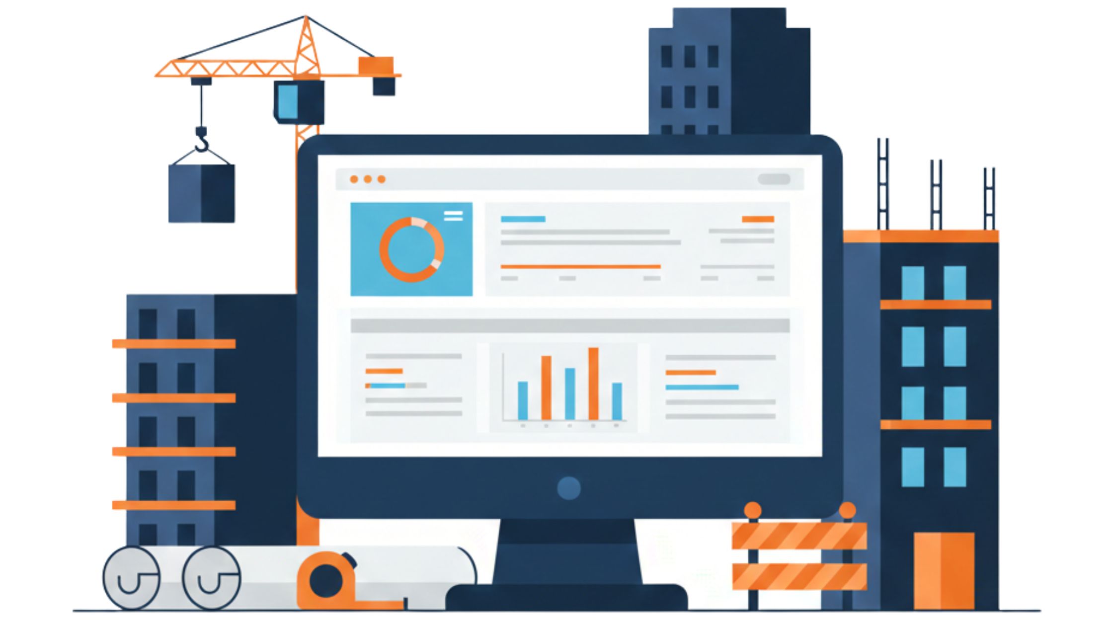 Construction Ops Automation Illustration of a construction dashboard on a computer with buildings and a crane.