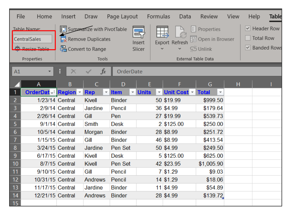 Excel screenshot - example of how to store information in rows and columns
