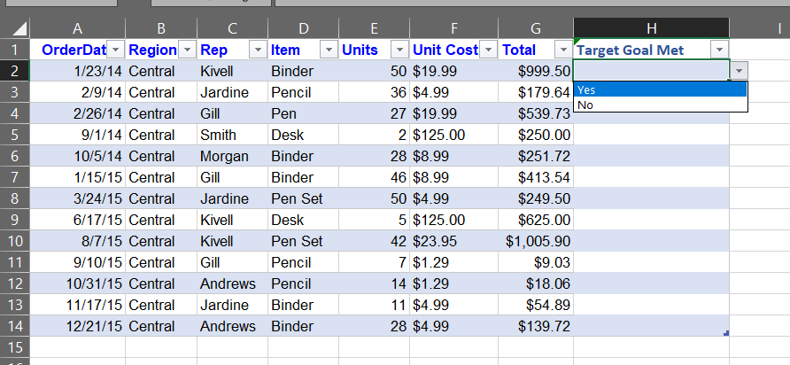 Excel screenshot - example of how to use dropdown menus to avoid free-text entry